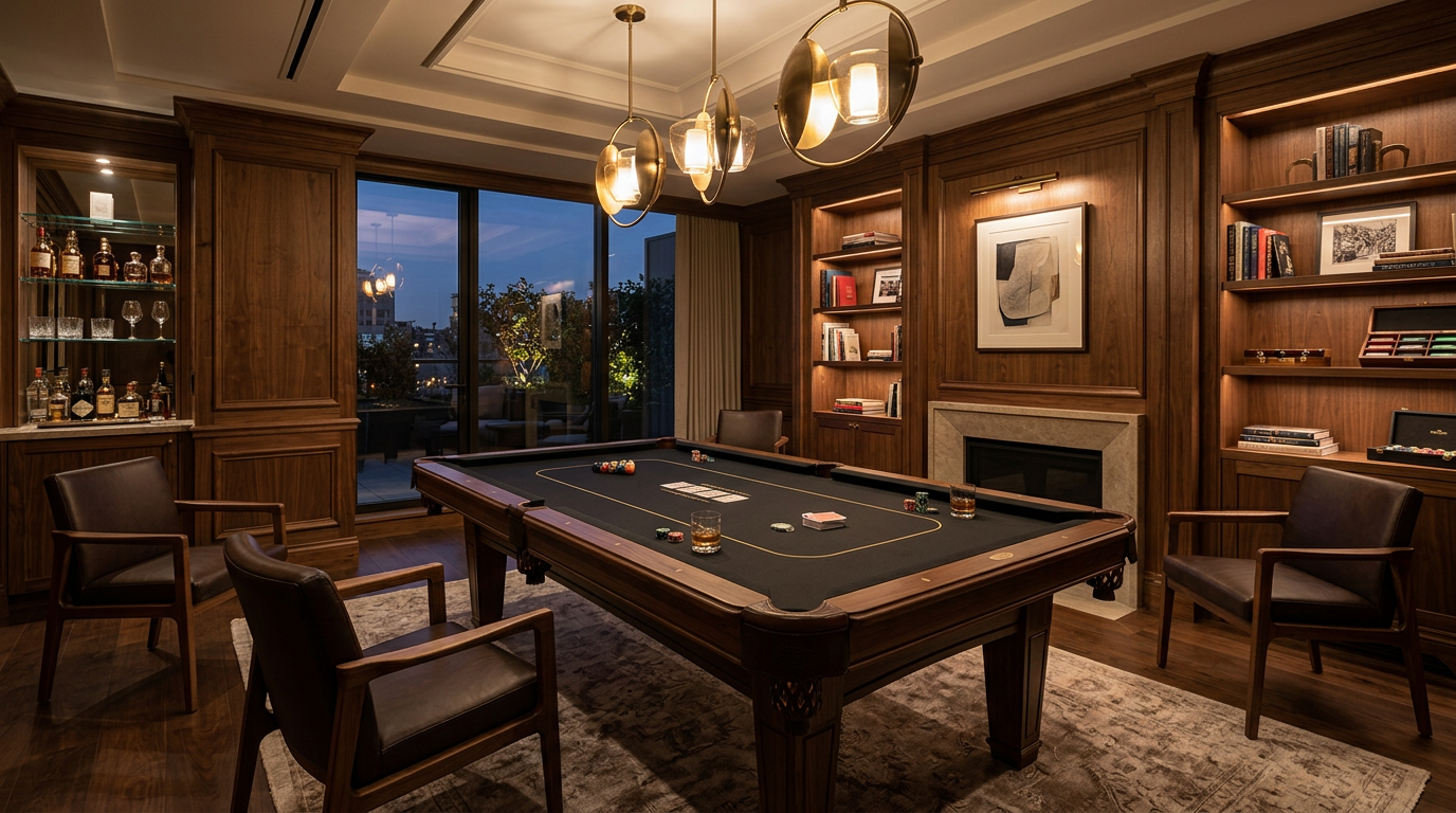Photorealistic wide-angle luxury game room with one rectangular six-pocket pool table converted for cards using a thin rem...