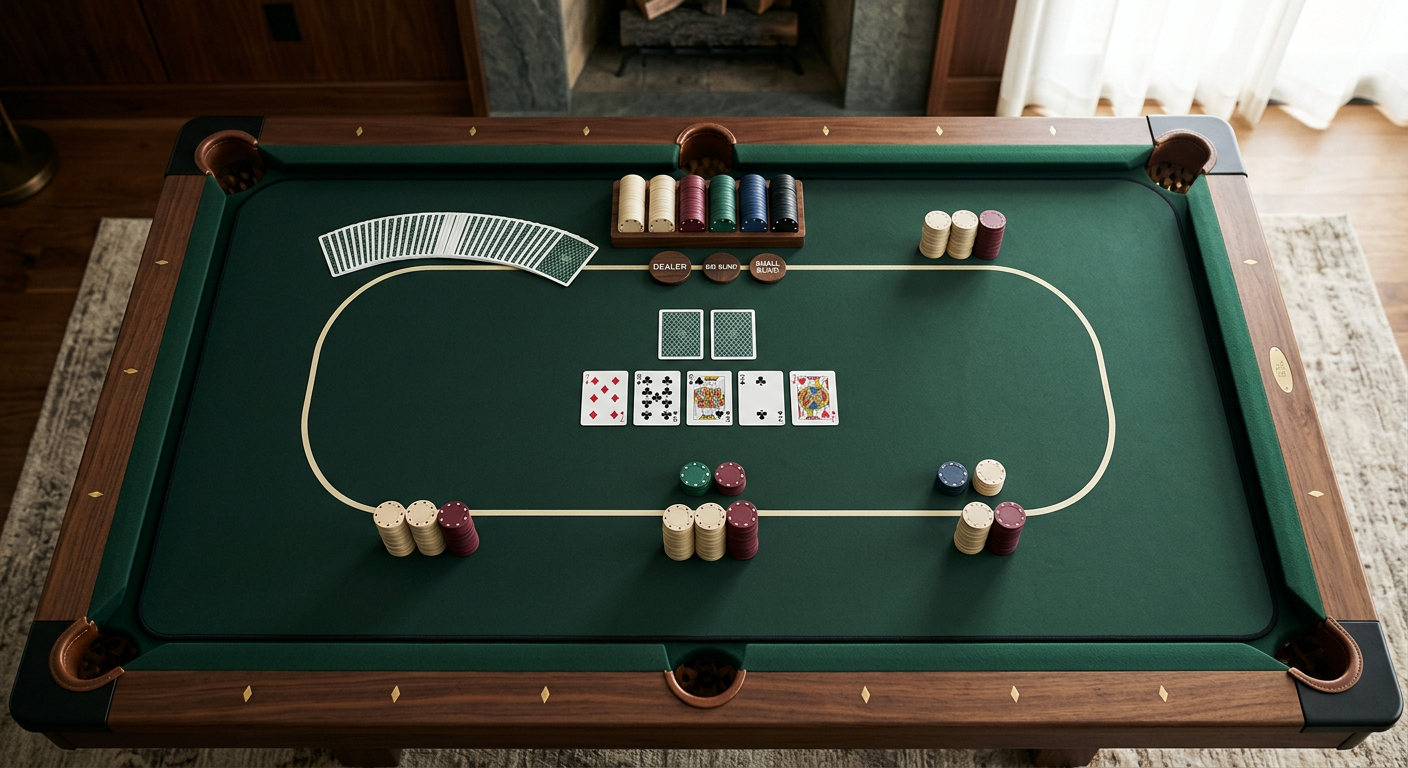 Photorealistic overhead detail of a thin custom neoprene poker overlay laid flat on a rectangular six-pocket pool table, s...