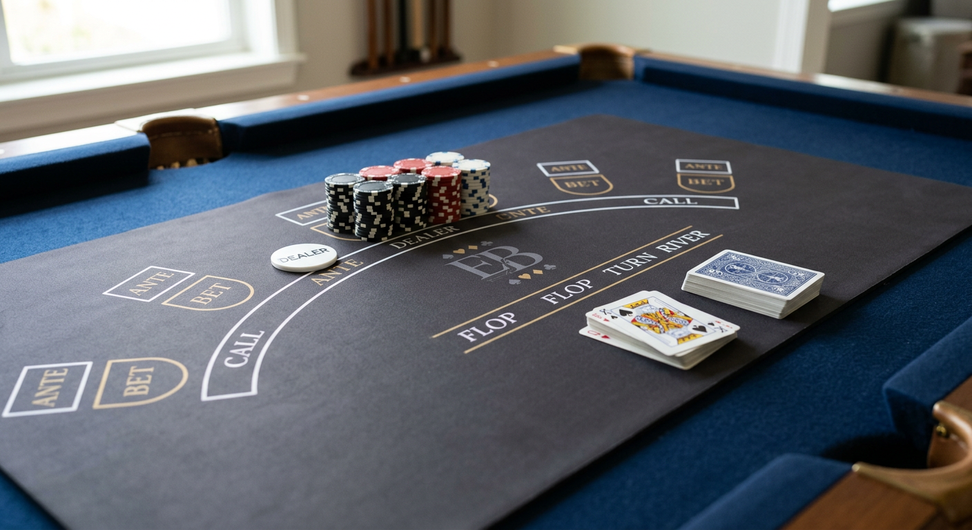 Photorealistic close-up of a thin charcoal neoprene poker overlay lying smoothly across the billiard cloth of a rectangula...