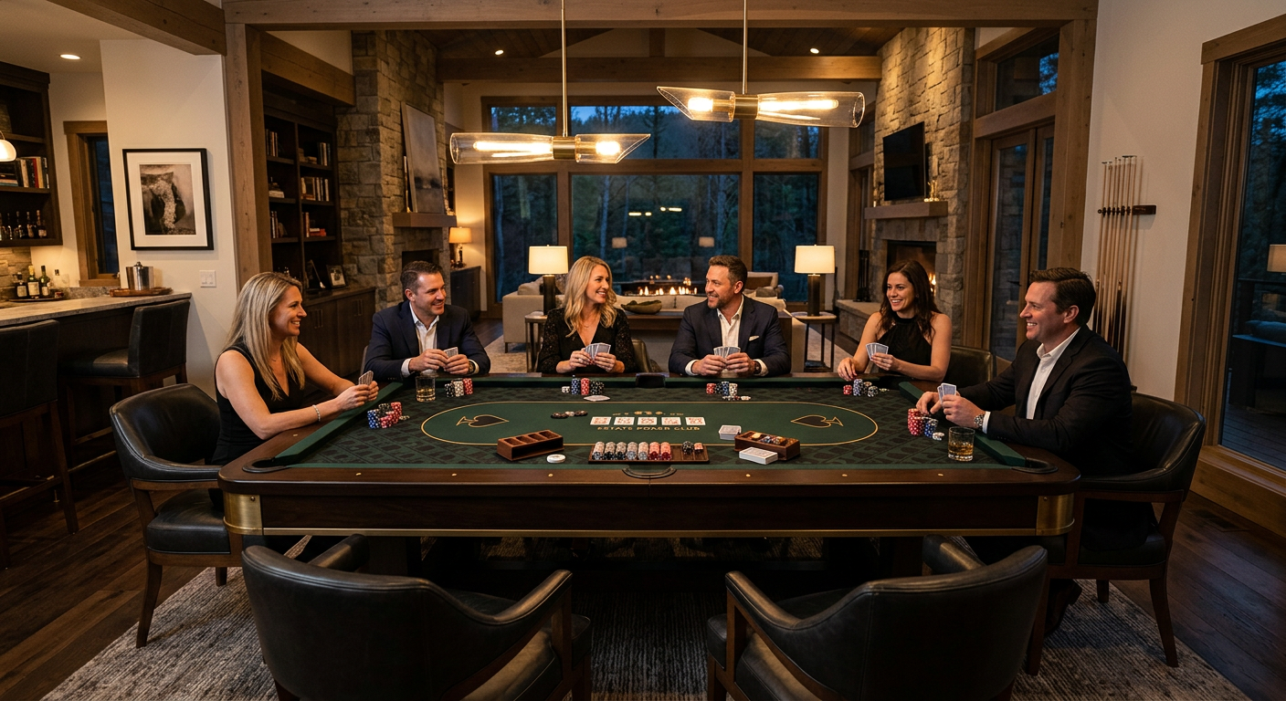 Photorealistic wide-angle luxury game room with one rectangular six-pocket pool table in poker mode, a flexible dark green...