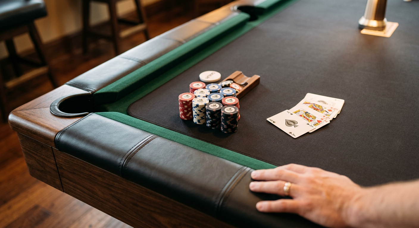 Luxury Pool Table Poker Table Combo Buying Guide for Luxury Homes | Luxury Custom Pool Tables | Brilliant Billiards Photorealistic close-up of a premium rectangular pool table converted for poker, showing a thin removable charcoal neopren...
