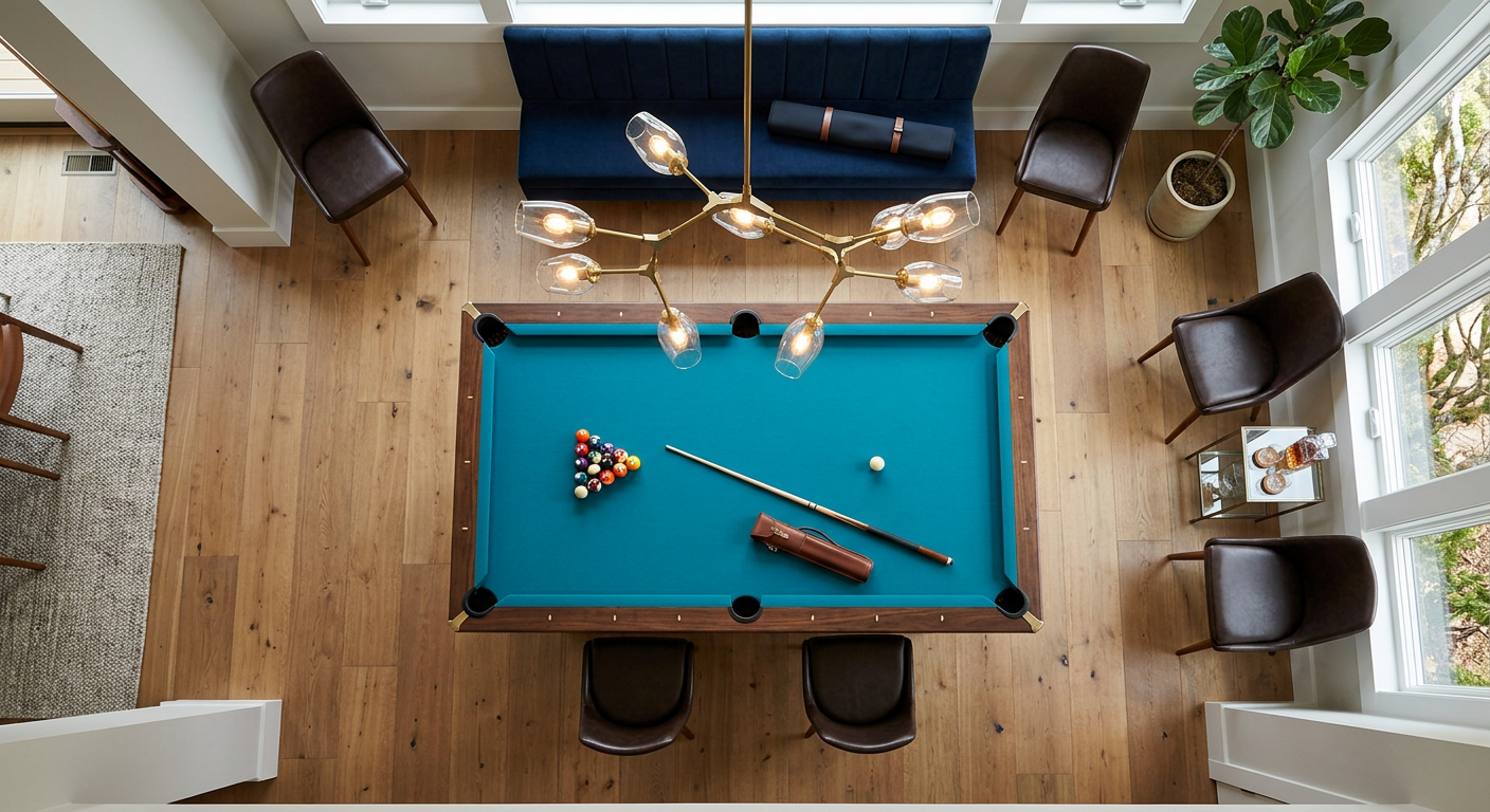 Luxury Pool Table Poker Table Combo Buying Guide for Luxury Homes | Luxury Custom Pool Tables | Brilliant Billiards Photorealistic overhead architectural interior photograph of one rectangular six-pocket luxury pool table in billiard conf...