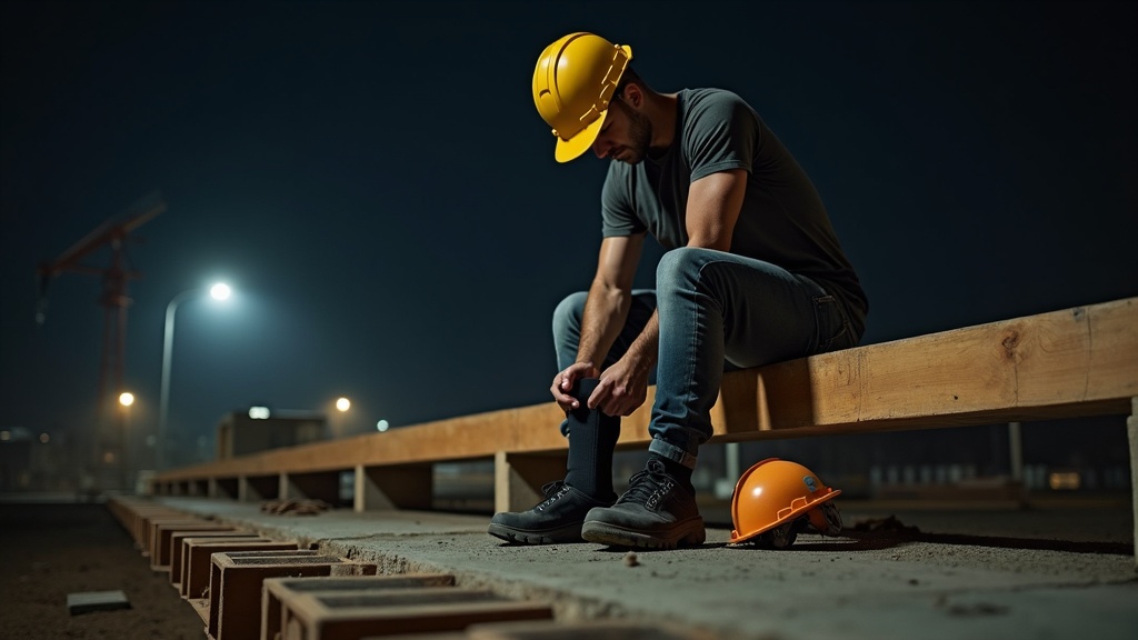 Trabajador de construcción poniéndose calcetines de compresión al inicio del turno nocturno