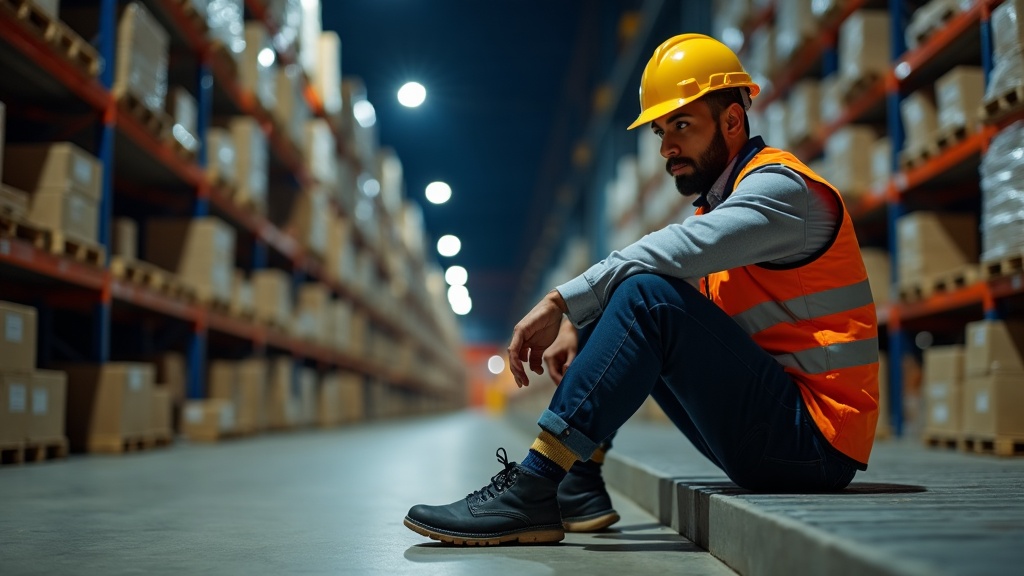 Trabajador nocturno con calcetines de compresión en almacén