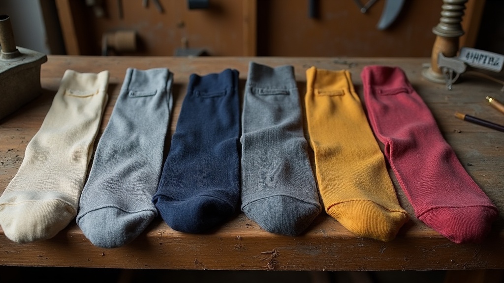 Five different crew length work socks compared side by side on a wooden workbench