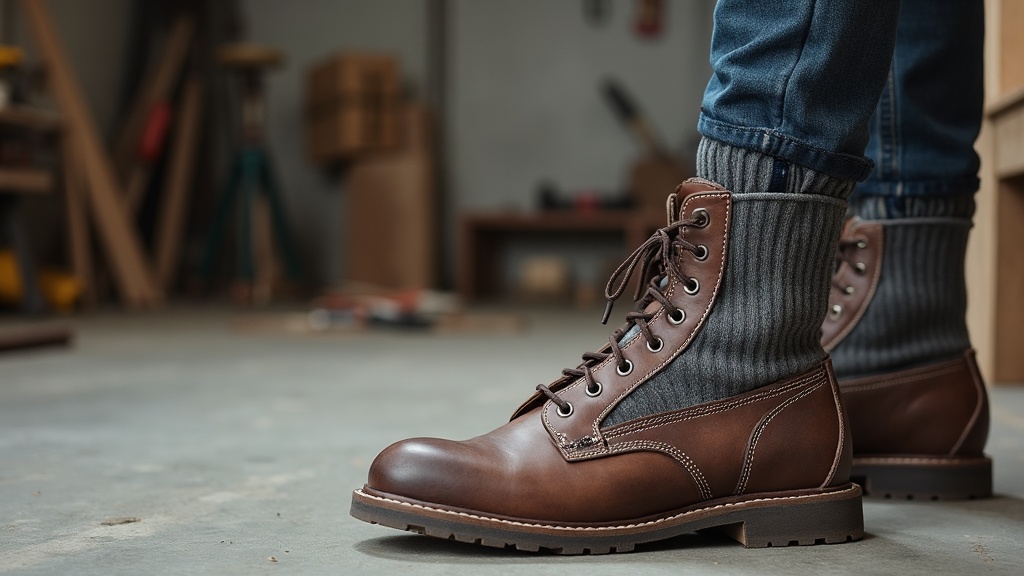 Crew length socks worn inside steel-toe work boots on a concrete jobsite floor
