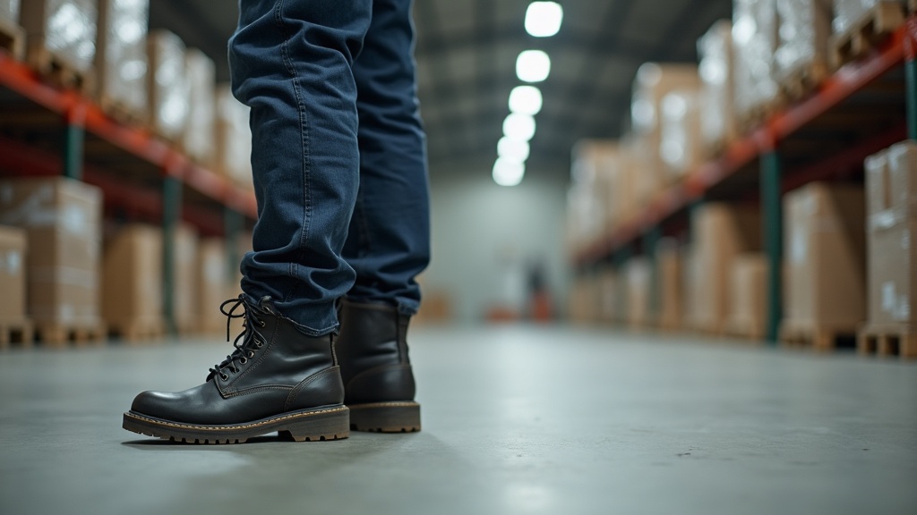 Warehouse worker showing crew length sock coverage above steel-toe boot collar