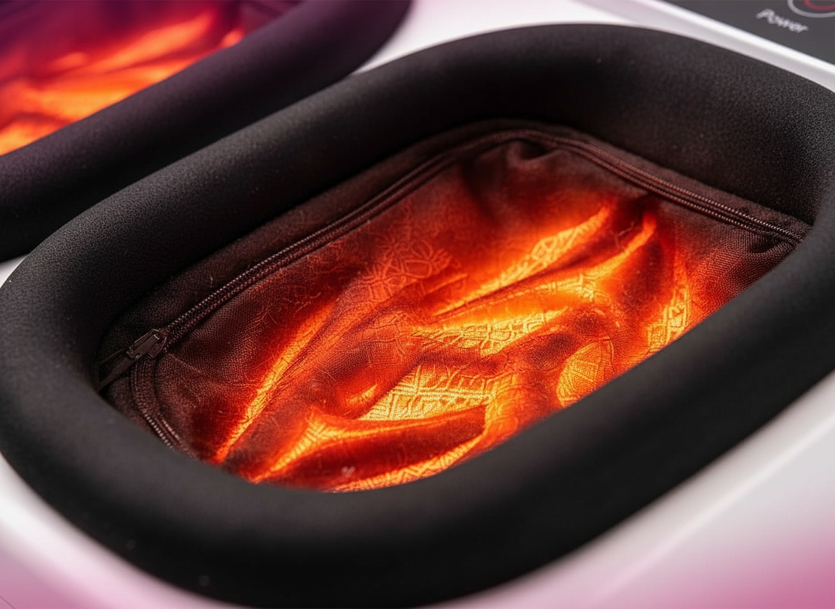 Close-up of white foot massager's massage nodes and heating controls in sharp detail