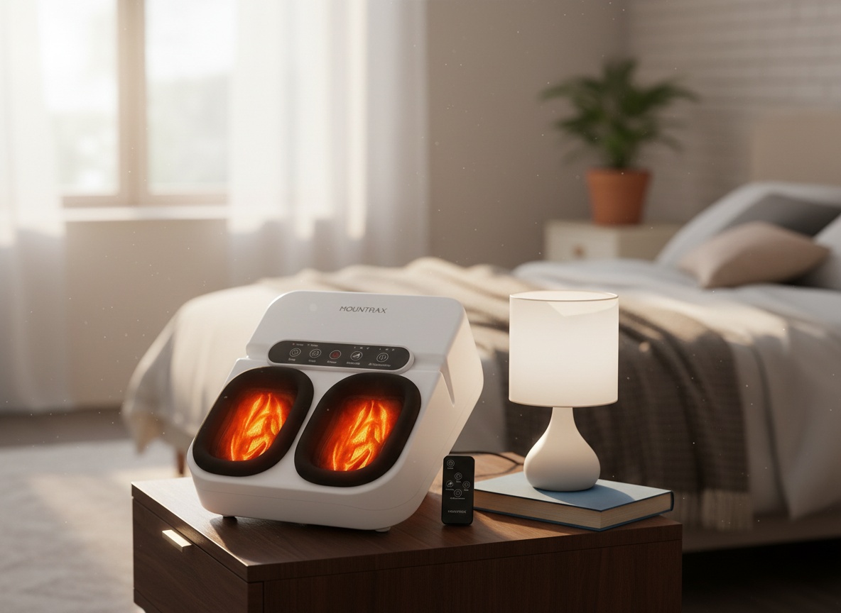 Foot massager on a bedroom nightstand in a morning-lit bedroom setting with remote control visible