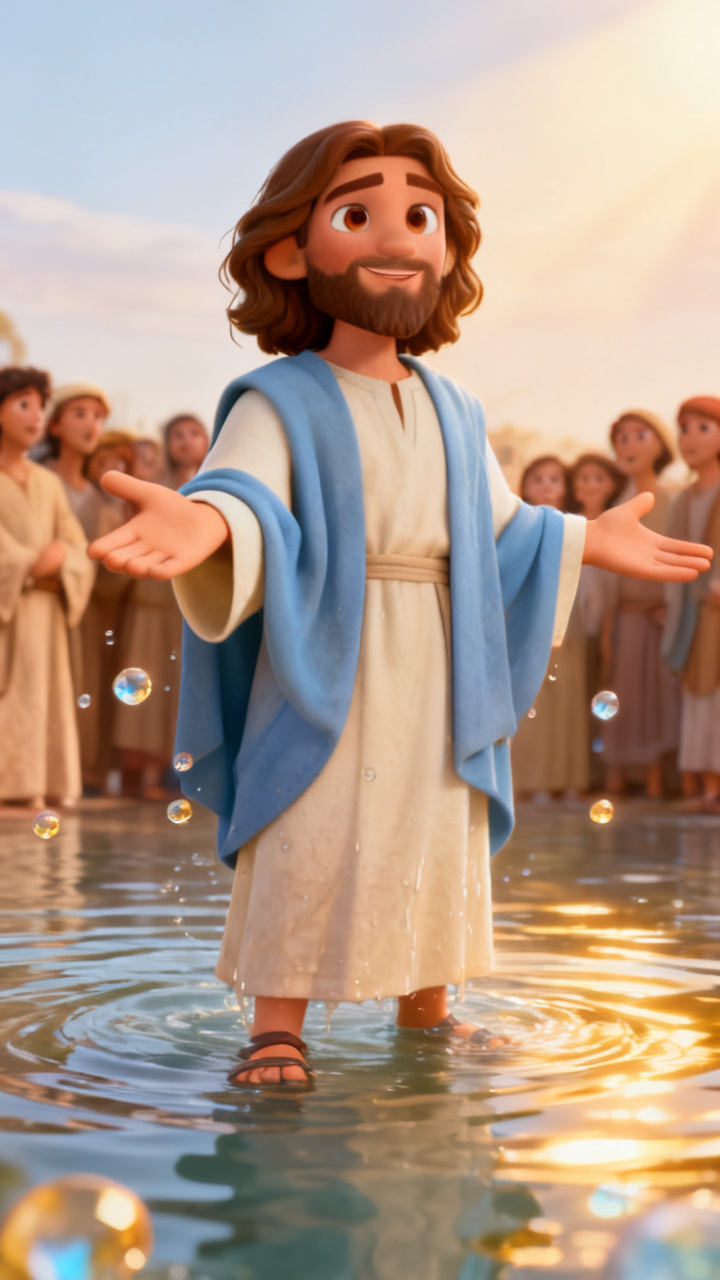 Jesus emergindo das águas com os braços abertos e expressão de alegria e reverência, gotas d'água brilhando ao redor enquanto a multidão na margem se maravilha