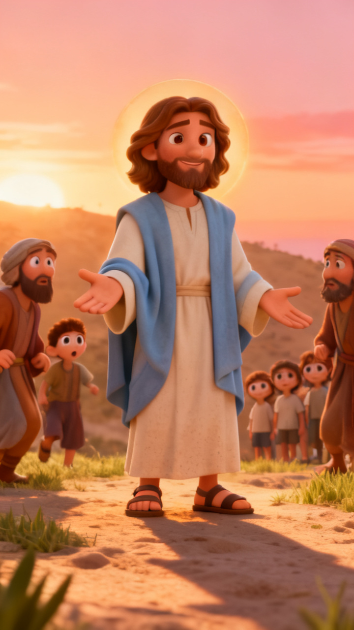 Discípulos recuando com expressões surpresas e envergonhadas enquanto o caminho se abre e crianças ao fundo olham com olhos arregalados e curiosos em direção a Jesus