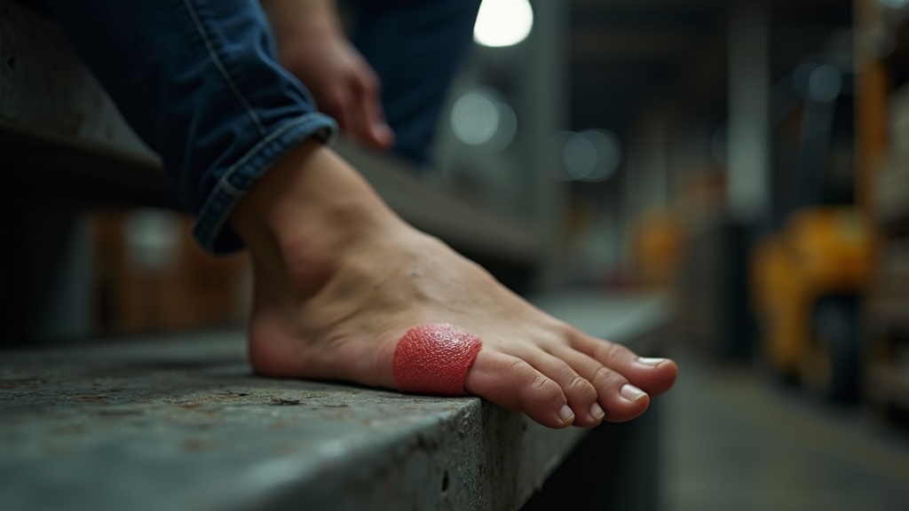 Ampolla en el talón de un trabajador por rozaduras dentro de la bota