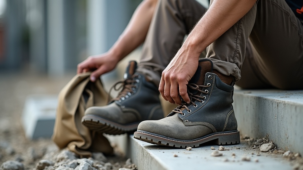 Trabajador cambiando calcetines durante la jornada laboral en obra