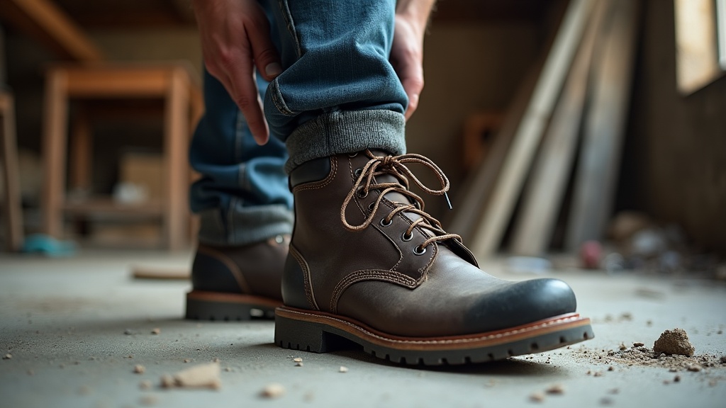 Crew-length work sock pulled up before lacing a steel-toe work boot