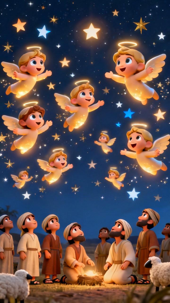 Multidão de anjos luminosos de braços abertos cantando no céu estrelado enquanto pastores olham para cima maravilhados