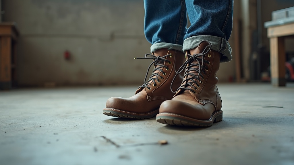 Worker in steel-toe boots with thick work socks on a concrete floor