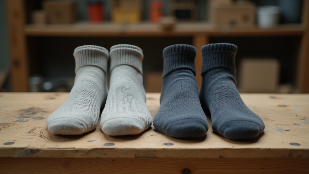 Heavyweight crew sock and lightweight ankle sock compared side by side on a workbench