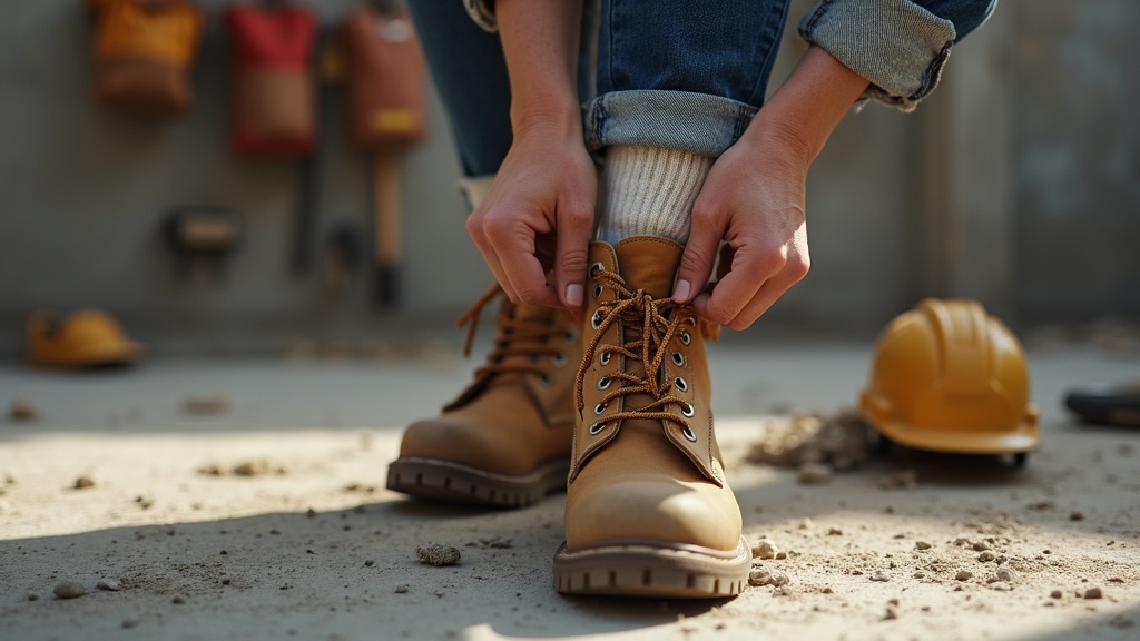 Woman lacing up a work boot with a thick crew sock visible above the collar on a job site