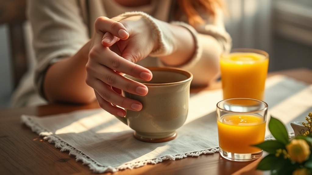 Mains tenant une tasse de thé à côté d'un verre de jus d'orange riche en vitamine C