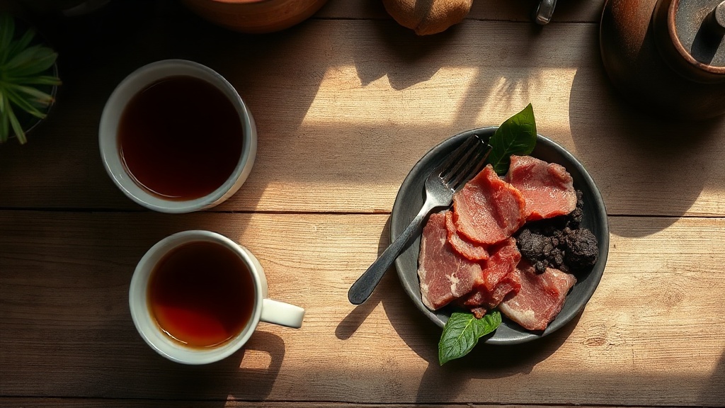 Tasse de thé et aliments riches en fer comme les lentilles et les épinards sur une table en bois