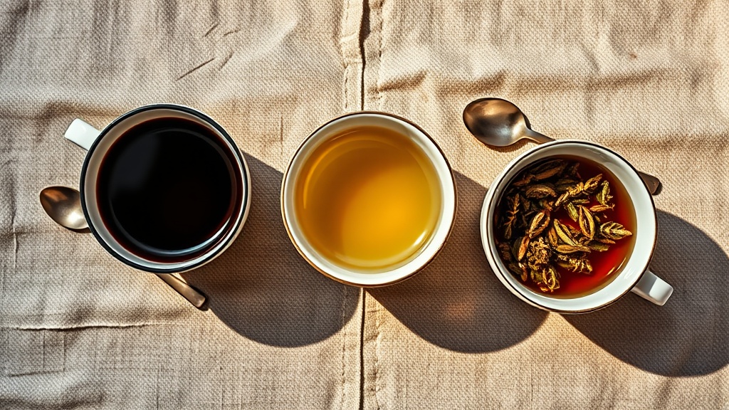 Trois tasses de thé différents côte à côte, thé noir, thé vert et tisane