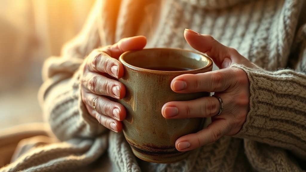 Mains tenant une grande tasse de thé chaud, ambiance cosy et chaleureuse
