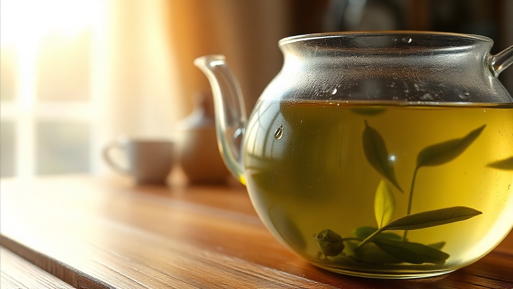 Théière en verre avec thé vert en infusion, lumière naturelle chaude