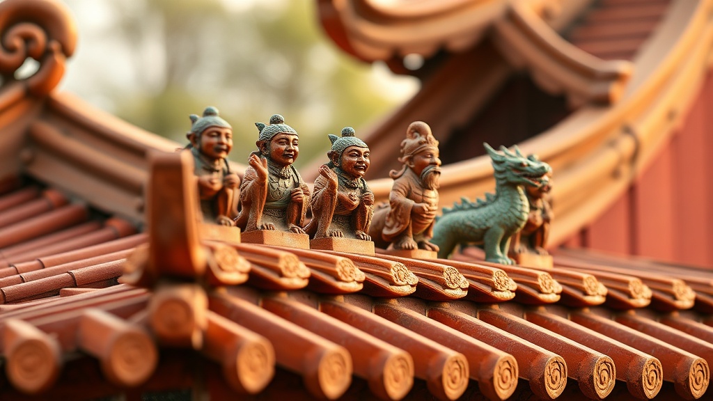 Décor de céramiques polychromes sur le faîte du toit d'un temple cantonais du Guangdong