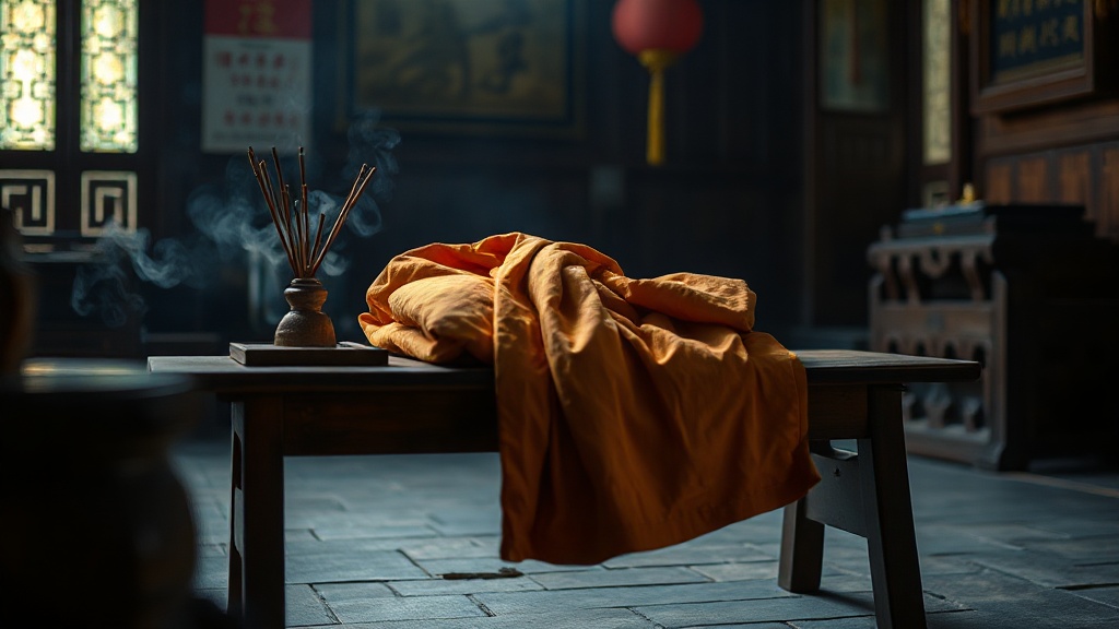 Robe monastique bouddhiste posée sur un banc en bois dans un temple chinois, encens allumés à proximité