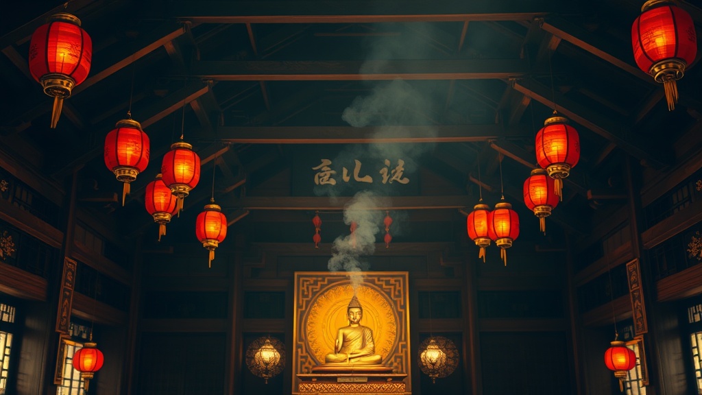 Intérieur du temple Guangxiao à Guangzhou, avec autel bouddhiste et lanternes rouges