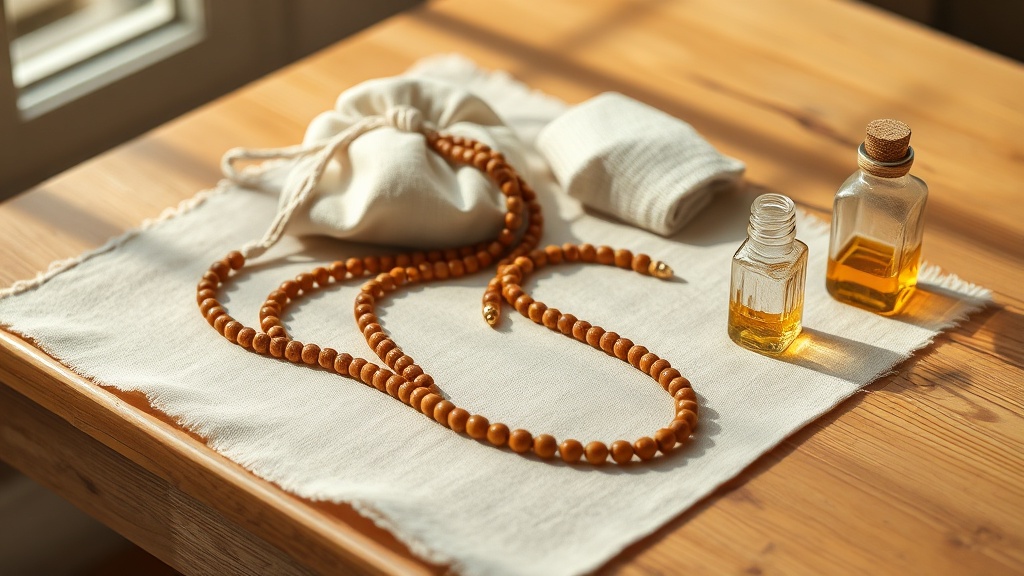 Mala care tools laid out on linen: a mala necklace, cotton storage pouch, soft cloth, and small bottle of natural oil