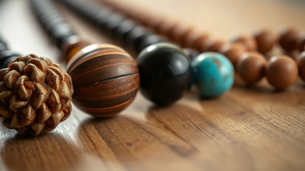 Close-up of different mala bead materials including rudraksha seed, sandalwood, obsidian, and turquoise on a wooden surface