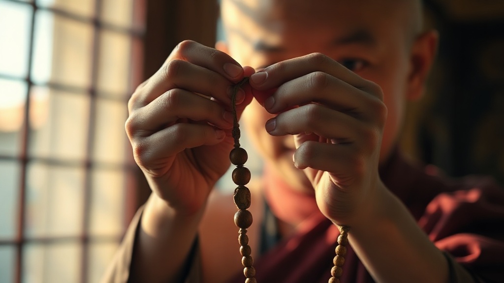 Hands holding a silk-knotted mala cord up to the light to inspect the thread condition between beads
