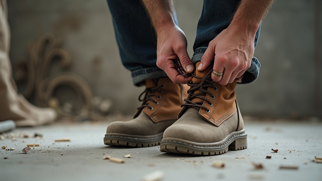 Male worker pulling on steel toe boot over reinforced cushion work sock
