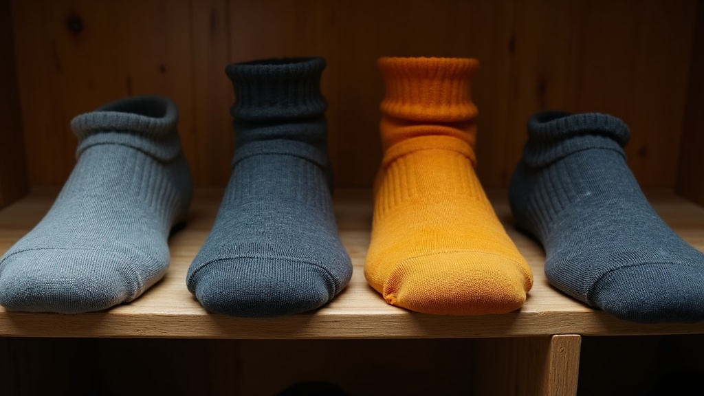 Four pairs of work socks rotated on a shelf for daily use