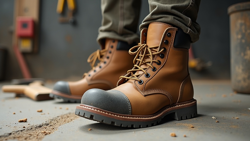 Worker putting on reinforced toe socks before lacing up steel toe boots on a construction site