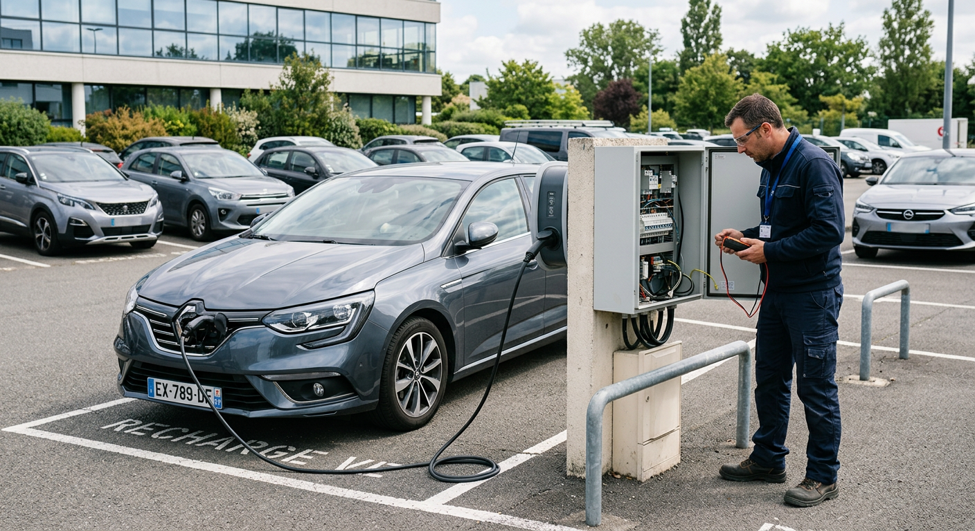 Borne de recharge électrique IRVE utilisée dans un parking d'entreprise avec un installateur certifié vérifiant l'installation.