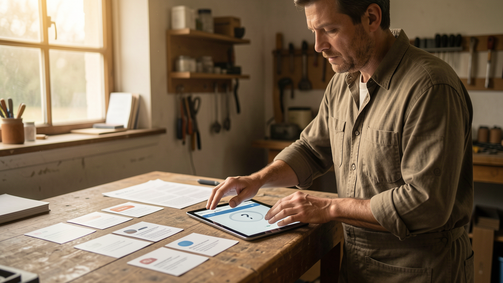 Marchand e-commerce examinant des fiches produit et une interface de recherche conversationnelle