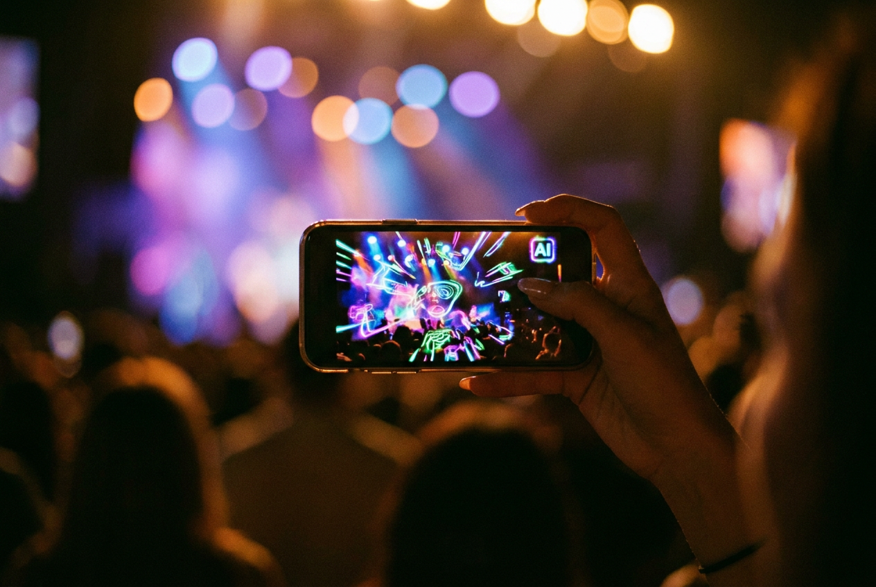 A close-up of a music video frame on a phone screen showing a visible 'AI' watermark label in the corner, with a musician's hand holding the phone. The background shows a blurred concert stage with purple and blue stage lighting.