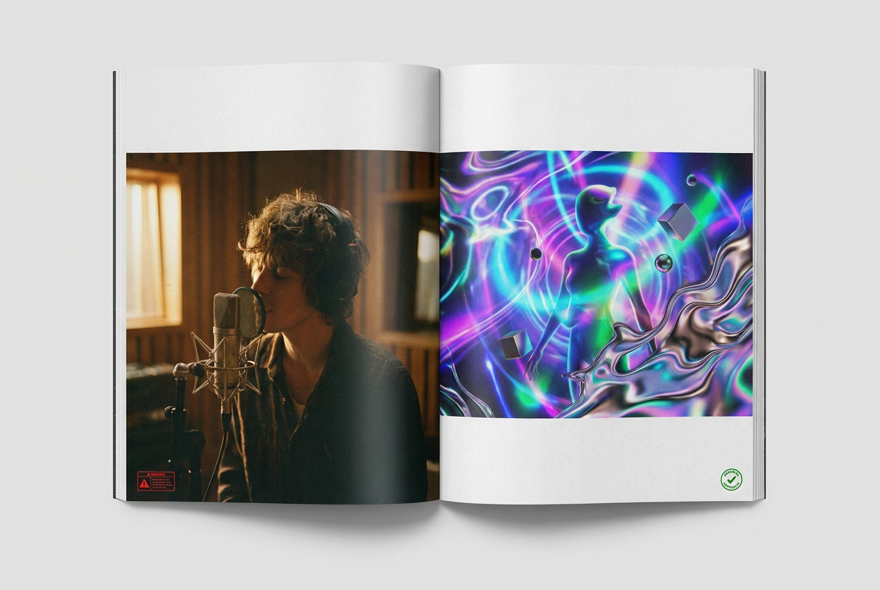 A split-screen comparison showing two AI music video styles side by side. On the left, a photorealistic AI-generated singer performing in a studio with realistic lighting and skin texture, marked with a prominent red 'DEEPFAKE - LABEL REQUIRED' stamp. On the right, a dreamy, surreal, abstract music video scene with morphing neon colors, floating geometric shapes, and an ethereal non-realistic figure, marked with a green 'ARTISTIC EXEMPTION' stamp.