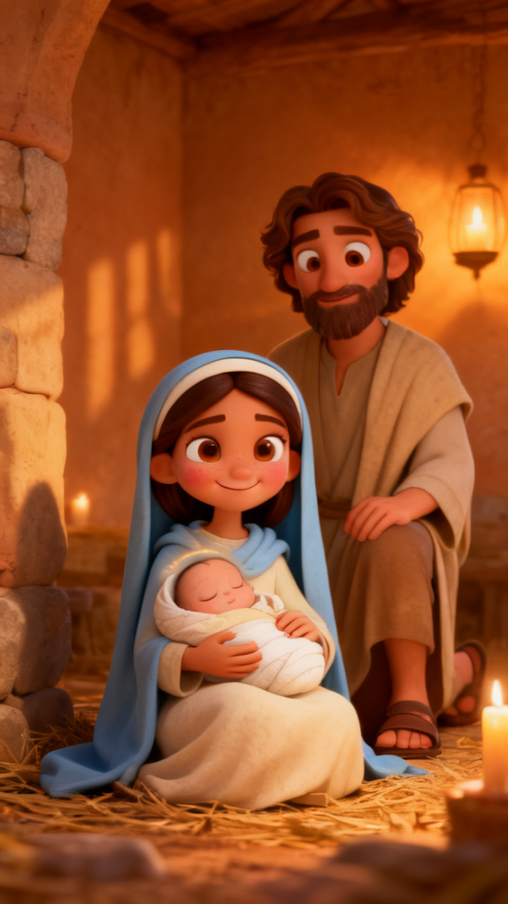 Maria sentada segurando o menino Jesus nos braços dentro de uma casa simples, com José ao seu lado, enquanto a cena é banhada por uma luz dourada suave e acolhedora
