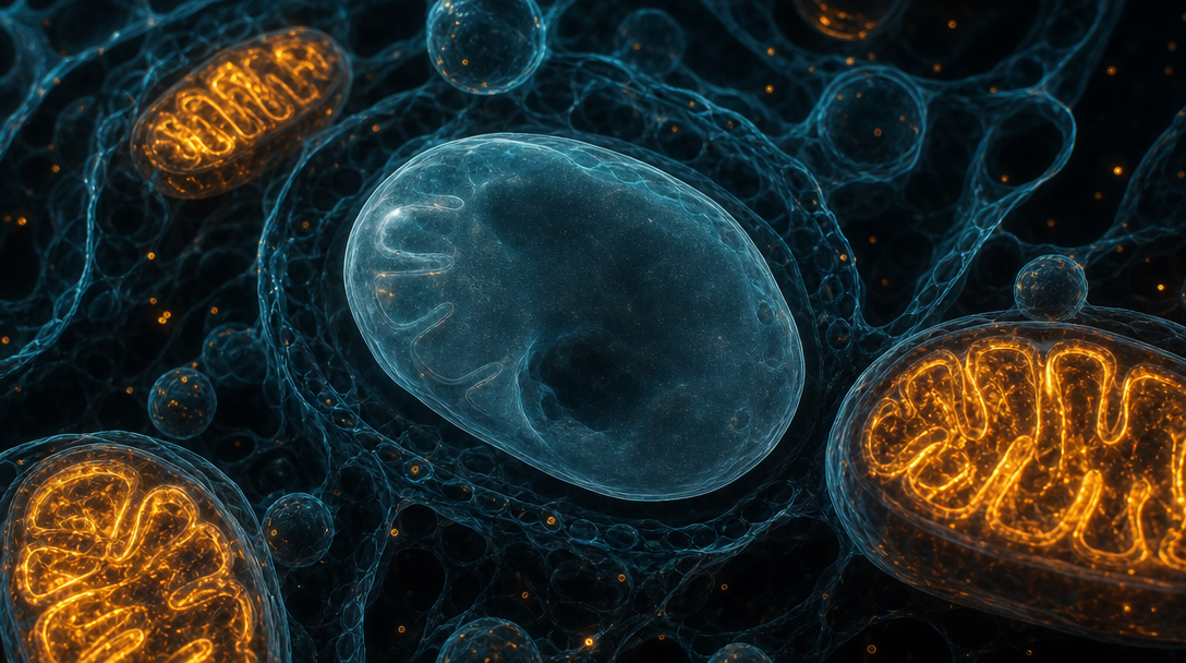 Organite dérivé de mitochondrie aux crêtes atrophiées, entouré de mitochondries normales dorées