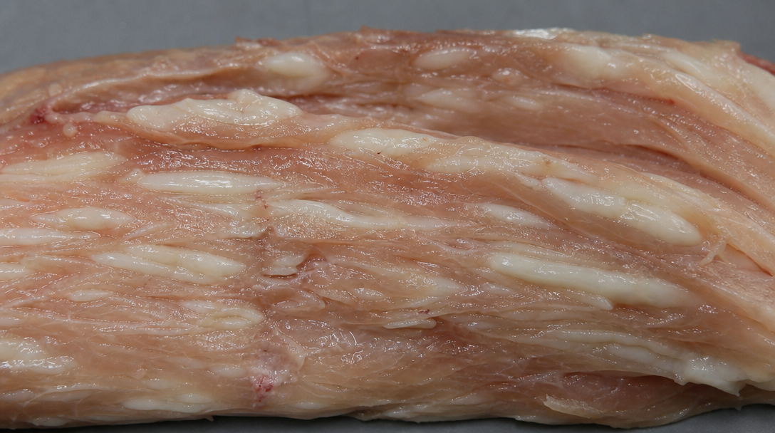 Muscle de saumon atteint de la maladie tapioca, criblé de kystes blancs