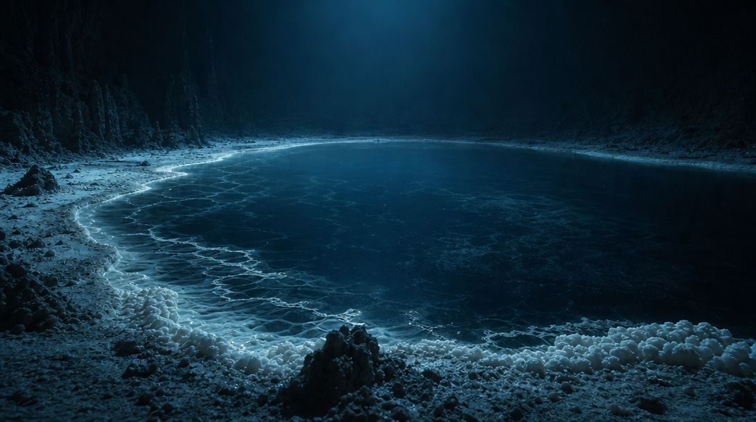Bassin anoxique hypersalin au fond de l'océan, bordé de croûte de sel