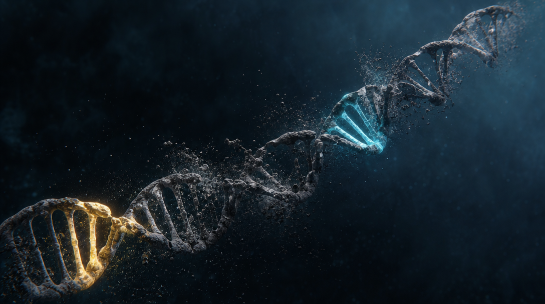 Hélice d'ADN dont plusieurs gènes s'effritent en poussière, quelques-uns encore intacts