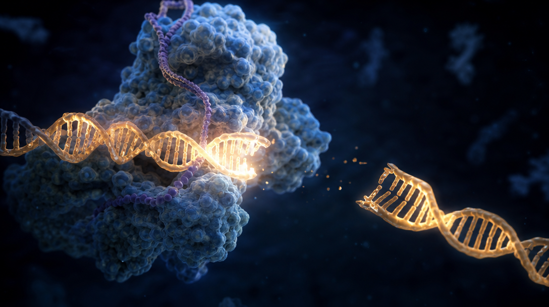 Visualisation moléculaire de CRISPR-Cas9 coupant un brin d'ADN, le segment excisé s'éloignant dans le noir