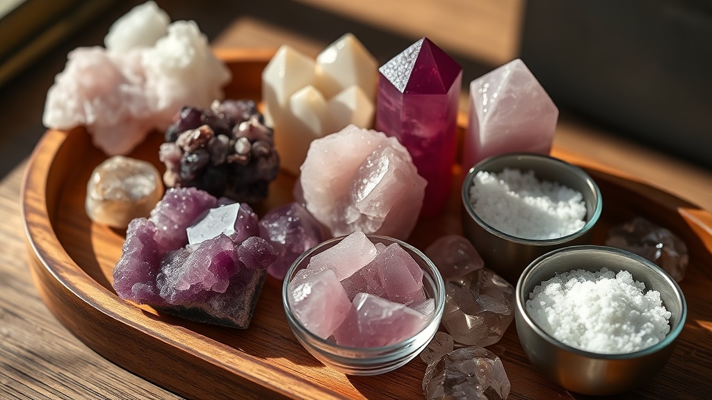 Améthyste, quartz rose et sel marin disposés sur un plateau en bois pour purifier un espace