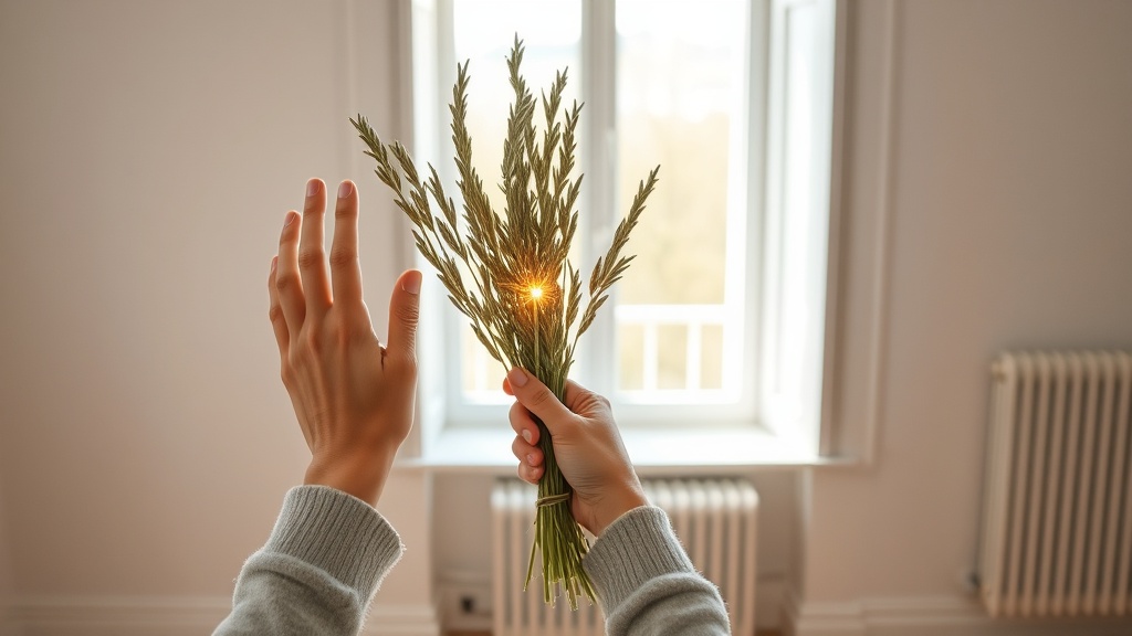 Mains guidant la fumée d'un bâton de sauge le long d'un encadrement de fenêtre