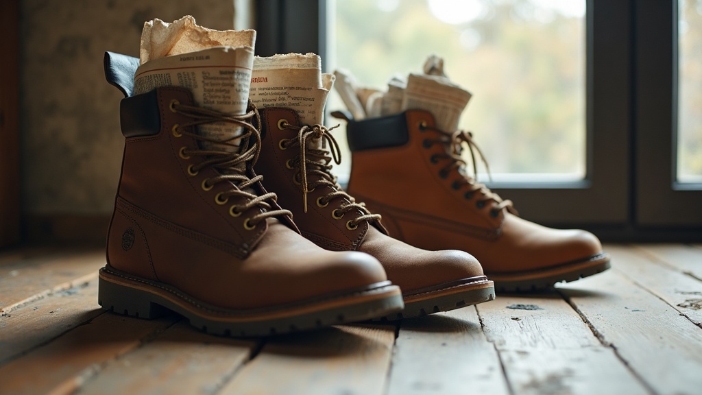 Botas de trabajo secándose rellenas de papel periódico