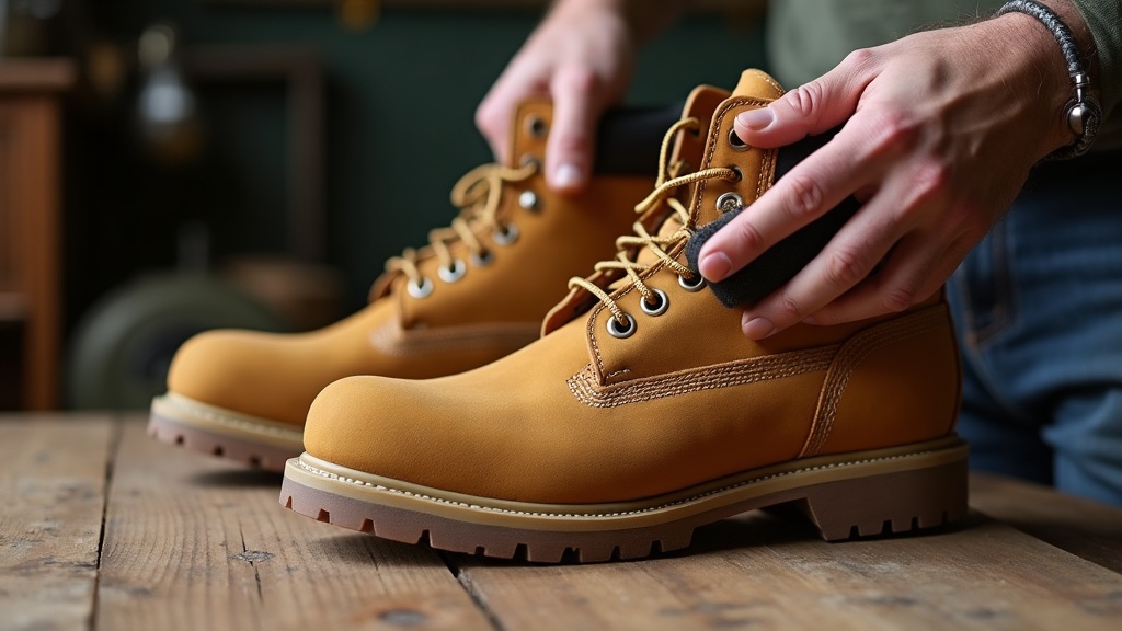 Cepillo de goma limpiando bota de nubuck color camel